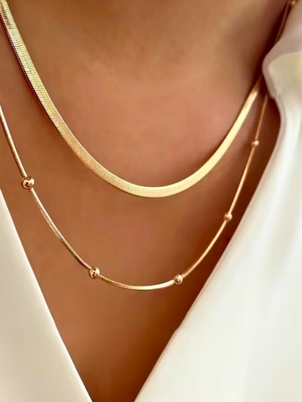 NWT 18K Gold Plated Stainless Steel Layered Herringbone Bead Necklace Set